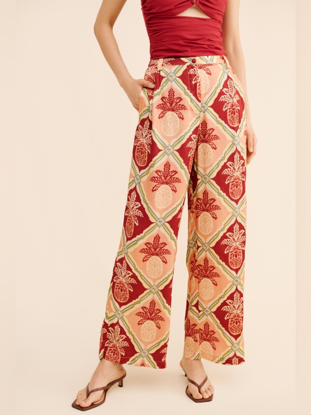 Farm Rio x Anthropologie Pineapple Satin Wide-Leg Pants Women’s L - Picture 6 of 15